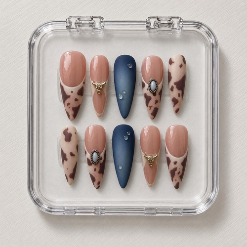 Cow print and navy press-on nail set